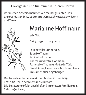 Traueranzeige von Marianne Hoffmann von Südthüringer Presse