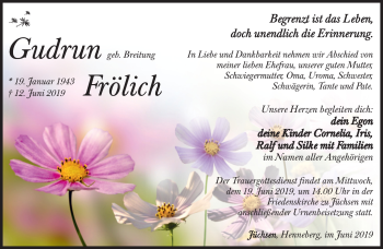 Traueranzeige von Gudrun Frölich von Südthüringer Presse