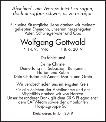 Traueranzeige von Wolfgang Gottwald von Südthüringer Presse