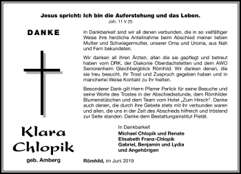 Traueranzeige von Klara Chlopik von Südthüringer Presse
