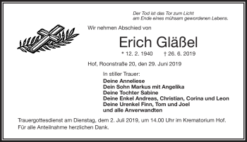Traueranzeige von Erich Gläßel von Frankenpost