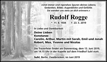 Traueranzeige von Rudolf Rogge von Südthüringer Presse