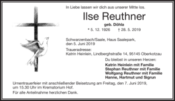 Traueranzeige von Ilse Reuthner von Frankenpost