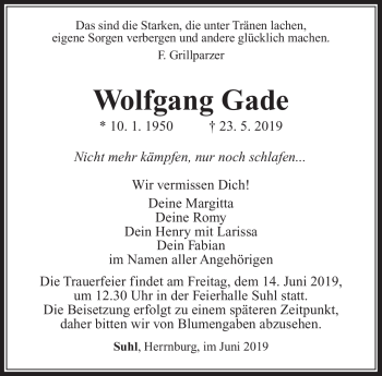 Traueranzeige von Wolfgang Gade von Südthüringer Presse