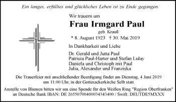 Traueranzeige von Irmgard Paul von Frankenpost