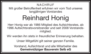 Traueranzeige von Reinhard Honig von Frankenpost