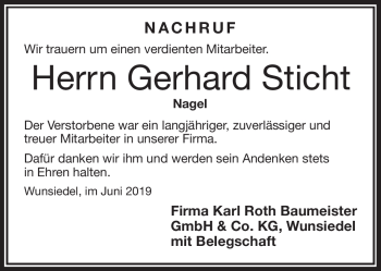Traueranzeige von Gerhard Sticht von Frankenpost