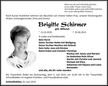 Traueranzeige von Brigitte Schirmer von Südthüringer Presse