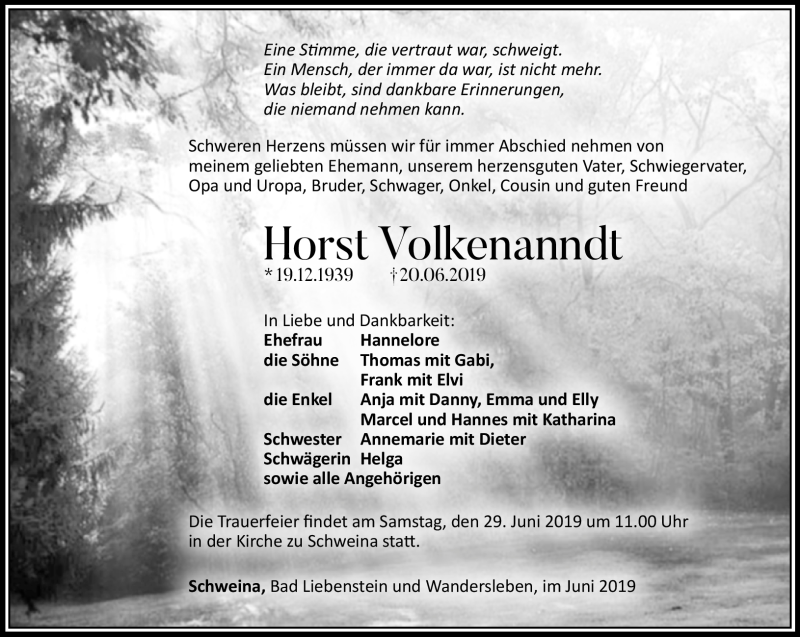  Traueranzeige für Volker Volkenanndt vom 27.06.2019 aus Südthüringer Presse