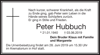 Traueranzeige von Peter Hubbuch von Frankenpost