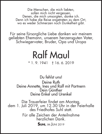 Traueranzeige von Ralf Maul von Südthüringer Presse