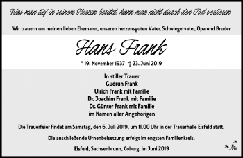 Traueranzeige von Hans Frank von Südthüringer Presse