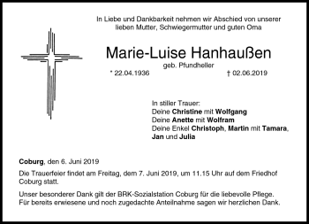 Traueranzeige von Marlie-Luise Hanhaußen von Neue Presse Coburg