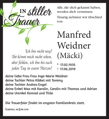 Traueranzeige von Manfred Weidner von Südthüringer Presse