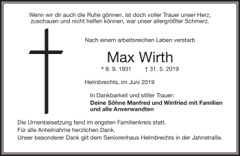 Traueranzeige von Max Wirth von Frankenpost
