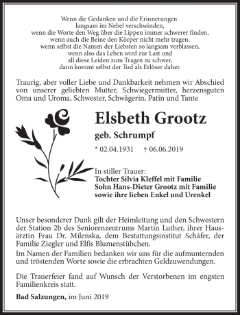 Traueranzeige von Elsbeth Grootz von Südthüringer Presse