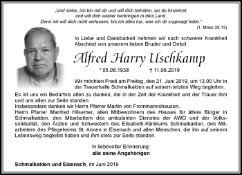 Traueranzeige von Alfred Uschkamp von Südthüringer Presse