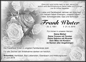 Traueranzeige von Frank Winter von Südthüringer Presse