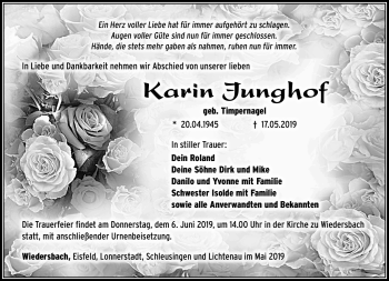 Traueranzeige von Karin Junghof von Südthüringer Presse