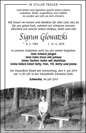 Traueranzeige von Sigrun Glowatziki von Südthüringer Presse