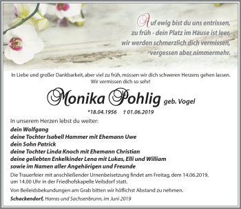 Traueranzeige von Monika Pohlig von Südthüringer Presse