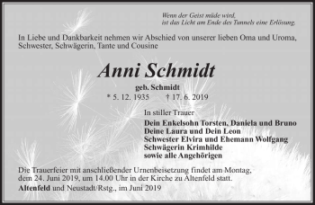 Traueranzeige von Anni Schmidt von Südthüringer Presse