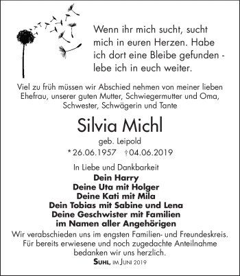 Traueranzeige von Silvia Michl von Südthüringer Presse