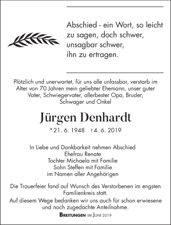 Traueranzeige von Jürgen Dehnhardt von Südthüringer Presse