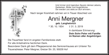 Traueranzeige von Anni Mergner von Frankenpost