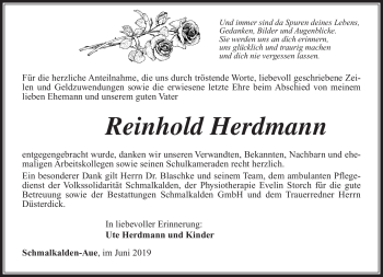 Traueranzeige von Reinhold Herdmann von Südthüringer Presse