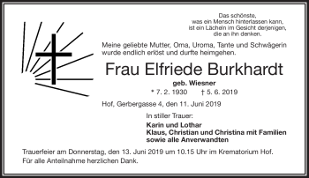 Traueranzeige von Elfriede Burkhadt von Frankenpost