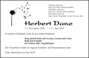 Traueranzeige von Herbert Danz von Südthüringer Presse