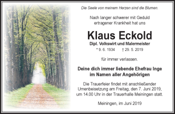 Traueranzeige von Klaus Eckold von Südthüringer Presse