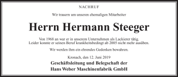 Traueranzeige von Hermann Steeger von Neue Presse Coburg
