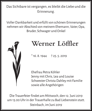 Traueranzeige von Werner Löffler von Südthüringer Presse