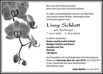 Traueranzeige von Lissy Schlott von Südthüringer Presse