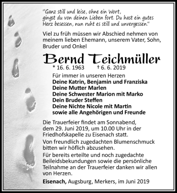 Traueranzeige von Bernd Teichmüller von Südthüringer Presse