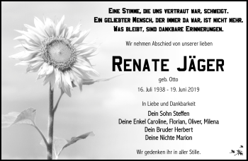 Traueranzeige von Renate Jäger von Südthüringer Presse