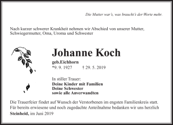 Traueranzeige von Johanne Koch von Südthüringer Presse