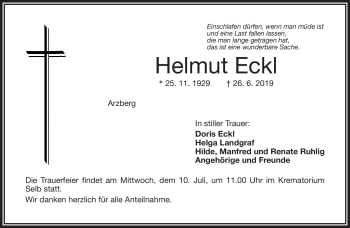 Traueranzeige von Helmut Eckl von Frankenpost