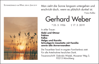 Traueranzeige von Gerhard Weber von Frankenpost