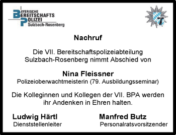 Traueranzeige von Nina Fleissner von Frankenpost