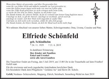 Traueranzeige von Elfriede Schönfeld von Südthüringer Presse