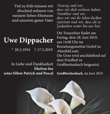 Traueranzeige von Uwe Dippacher von Südthüringer Presse