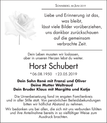 Traueranzeige von Horst Schubert von Südthüringer Presse