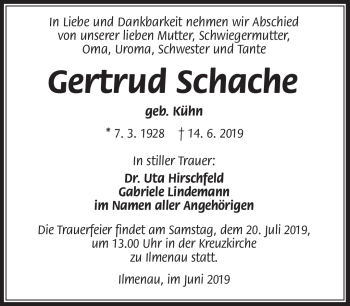 Traueranzeige von Gertrud Schache von Südthüringer Presse
