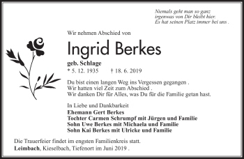 Traueranzeige von Ingrid Berkes von Südthüringer Presse