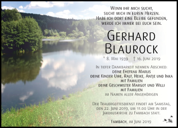 Traueranzeige von Gerhard Blaurock von Südthüringer Presse