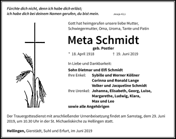 Traueranzeige von Meta Schmidt von Südthüringer Presse