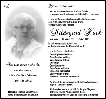 Traueranzeige von Hildegard Koch von Südthüringer Presse